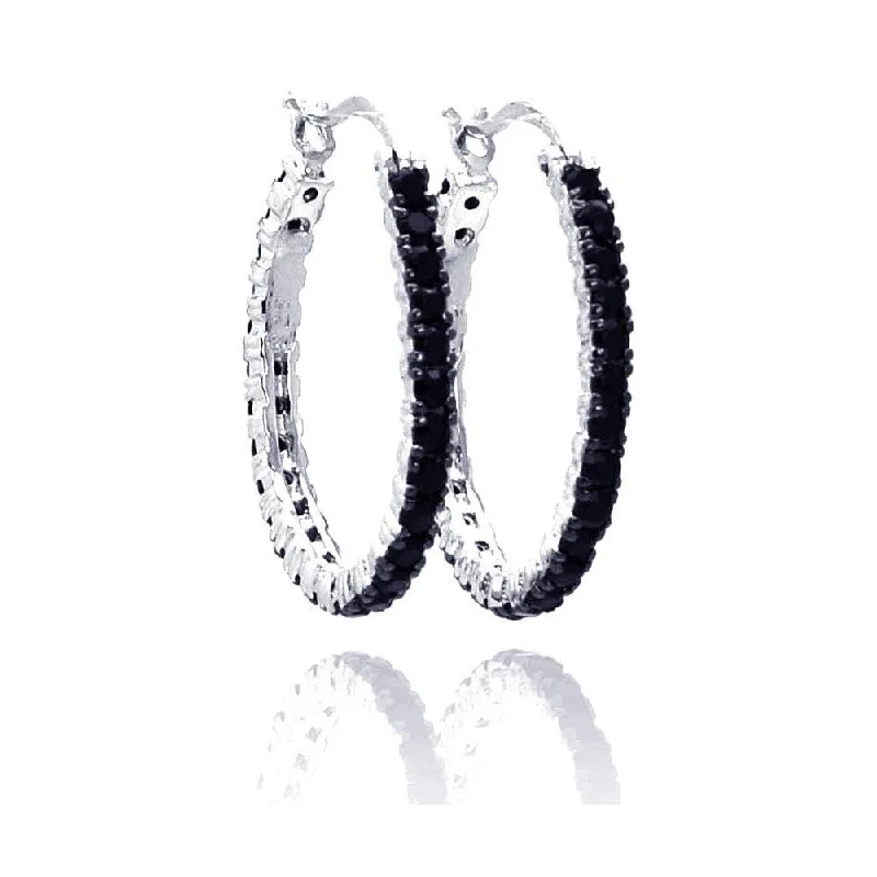 ladies earrings ornate threader-Silver 925 Black and Silver Rhodium Plated CZ Hoop Earrings - BGE00075