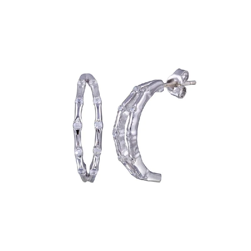 ladies earrings intricate layered-Clearance-Silver 925 Rhodium Plated Round CZ Hoop Earrings - STE00619