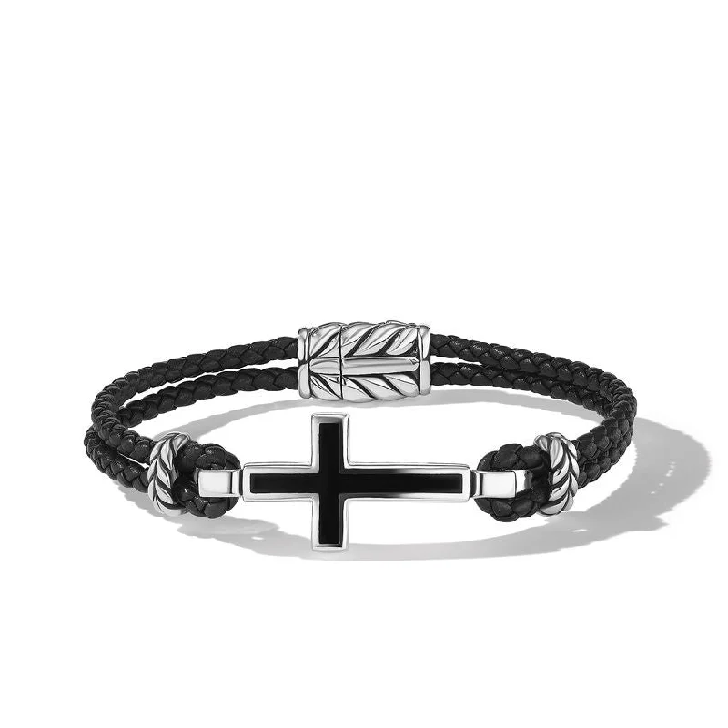 Ladies bracelets platinum luxury bracelets-DY Gents Exotic Stone Cross Bracelet in Black Leather with Sterling Silver and Black Onyx, 3mm