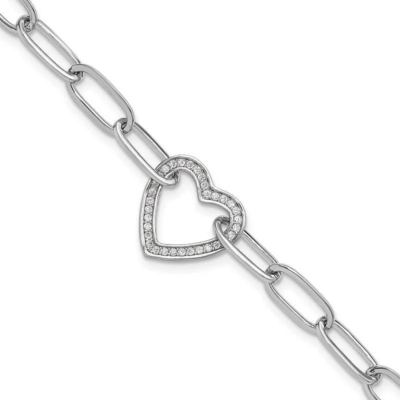 Ladies bracelets casual chic vibes-Sterling Silver Rhodium-plated Paperclip CZ Heart with 1in ext. Bracelet