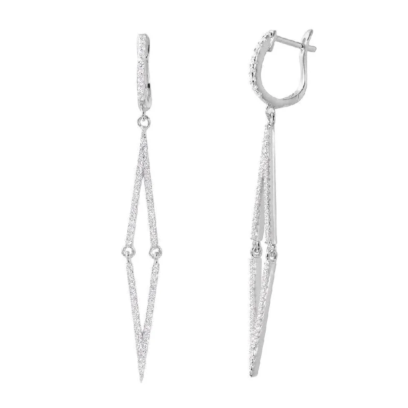 ladies earrings personalized pearl-Silver 925 Rhodium Plated Dangling Long Thin Square CZ  huggie hoop Earrings - ACE00101RH