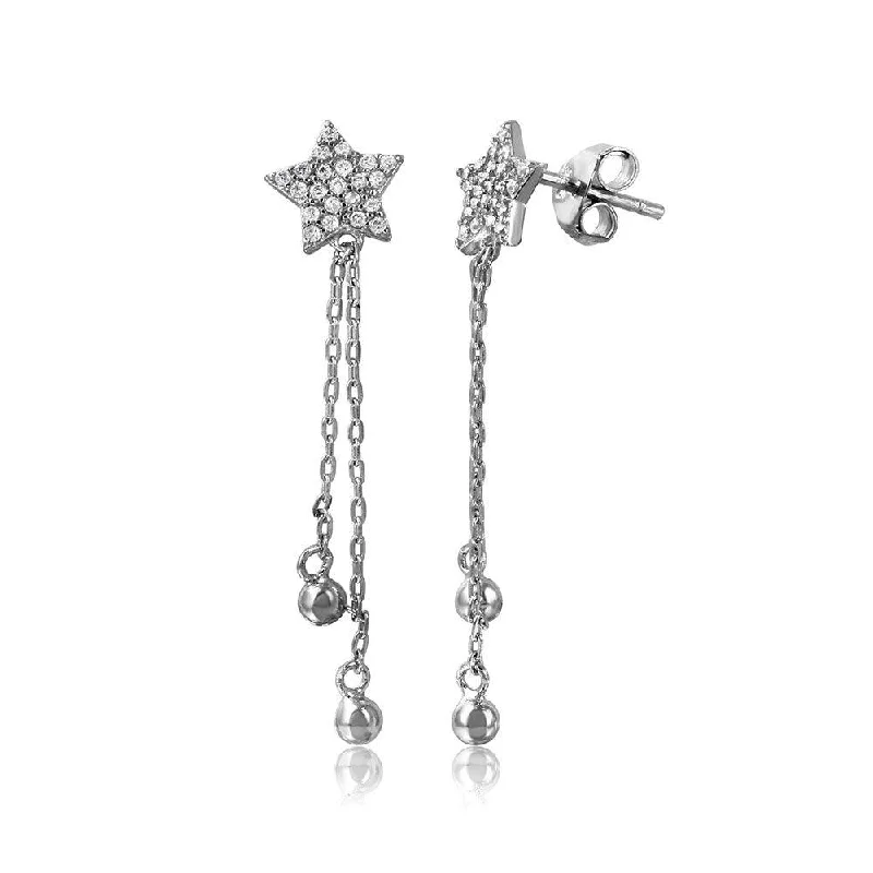 ladies earrings premium chain-Silver 925 Rhodium Plated CZ Star with Hanging Strands Earrings - STE01060