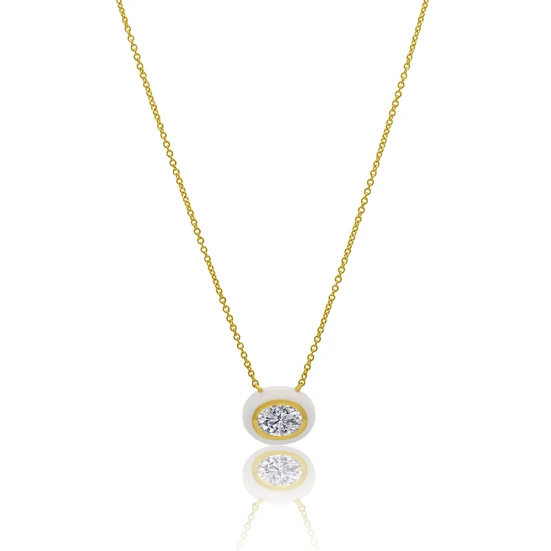 Ladies necklaces mixed metal finishes-Gold and White Enamel Bezel Set Oval White Topaz Necklace