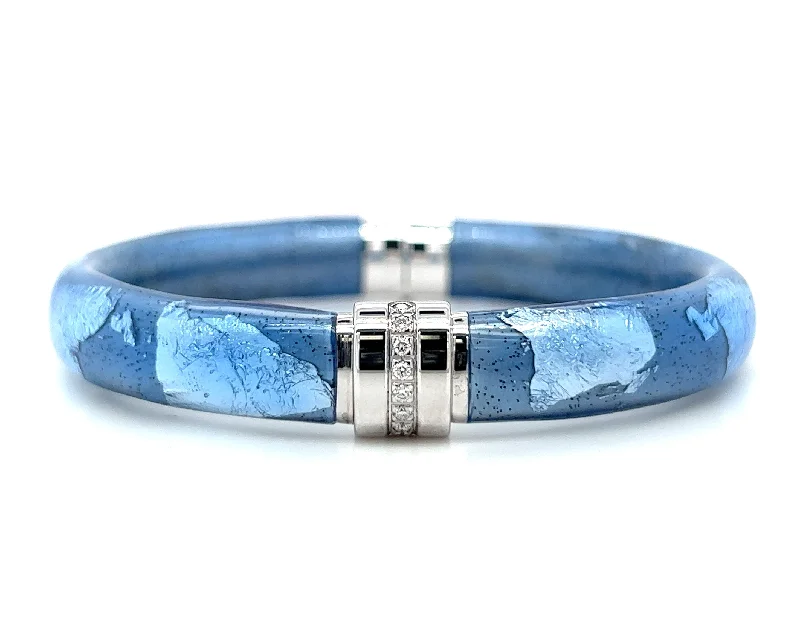 Ladies bracelets matte gem bracelets-Sterling Silver Gold Leaf & Blue Sapphire Enamel Diamond Barrel Bangle Bracelet by SOHO