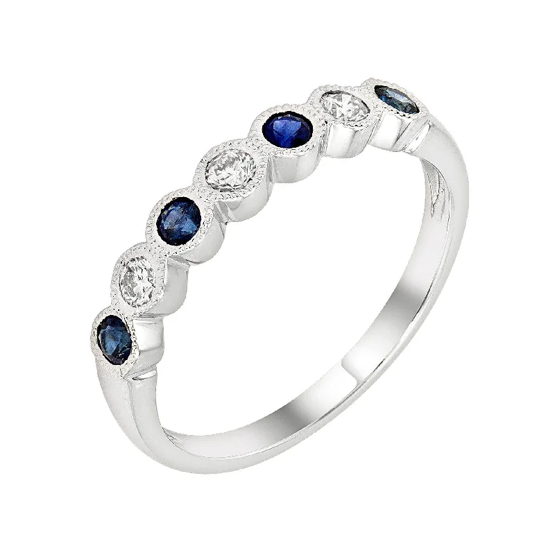 ladies ring unique cushion cut-14k White Gold Blue Sapphire & Diamond Wedding Anniversary Band