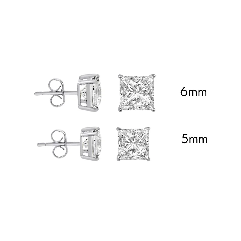 ladies earrings seasonal pink tourmaline-Sterling Rhodium Plated 925 Sterling Silver Moissanite Stone Square Push Back Earring - MGME00009