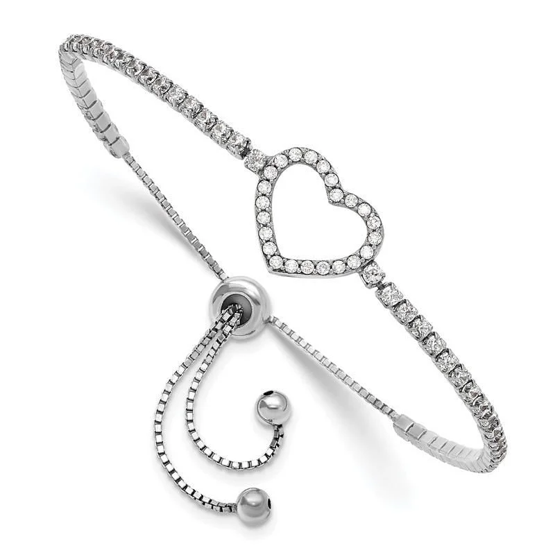 Ladies bracelets soft glow styles-Sterling Silver Rhodium-plated CZ Heart Adjustable Bracelet