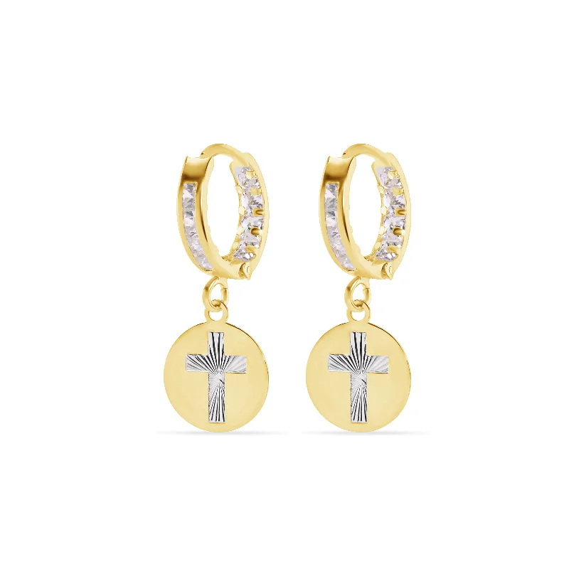 ladies earrings shell black diamond-14E00454. - 14 Karat Yellow Gold 11.5mm Hoop Studded Clear CZ Diamond Cut Cross Latch Box Earrings