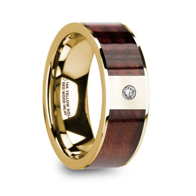 ladies ring bold black diamond-Thorsten PHOCAS 14k Yellow Gold Men’s Polished Wedding Band with Red Wood Inlay & Diamond - 8mm