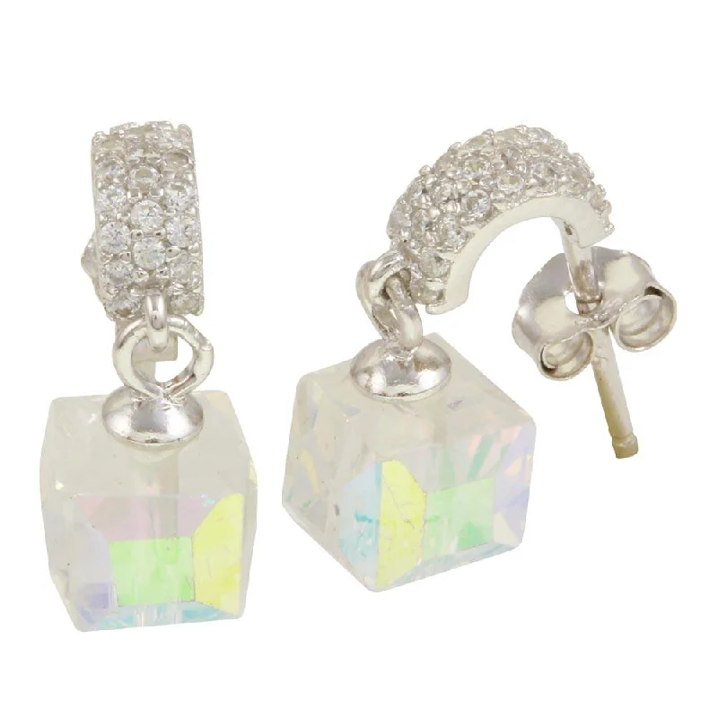 ladies earrings trendy short-Rhodium Plated 925 Sterling Silver Semi huggie hoop Earrings with Dangling Cube - STE01090