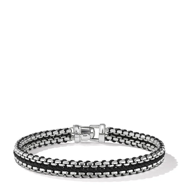 Ladies bracelets raised detail styles-David Yurman Woven Box Chain Bracelet in Steel and Black