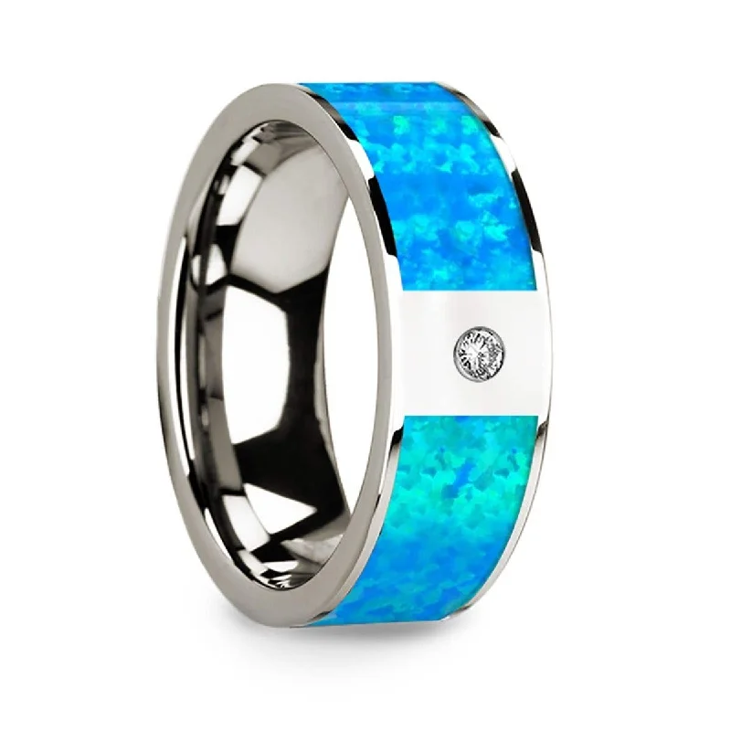 ladies ring emerald cut opal-Thorsten Flat 14k White Gold with Blue Opal Inlay & White Diamond Setting - 8mm