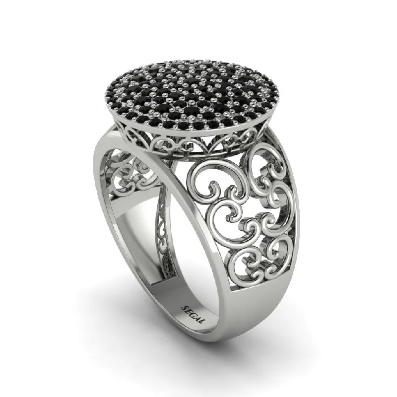 ladies engagement ring winter halo-Black Diamond Signet Filigree Pave Engagement Ring - Rylie No. 9