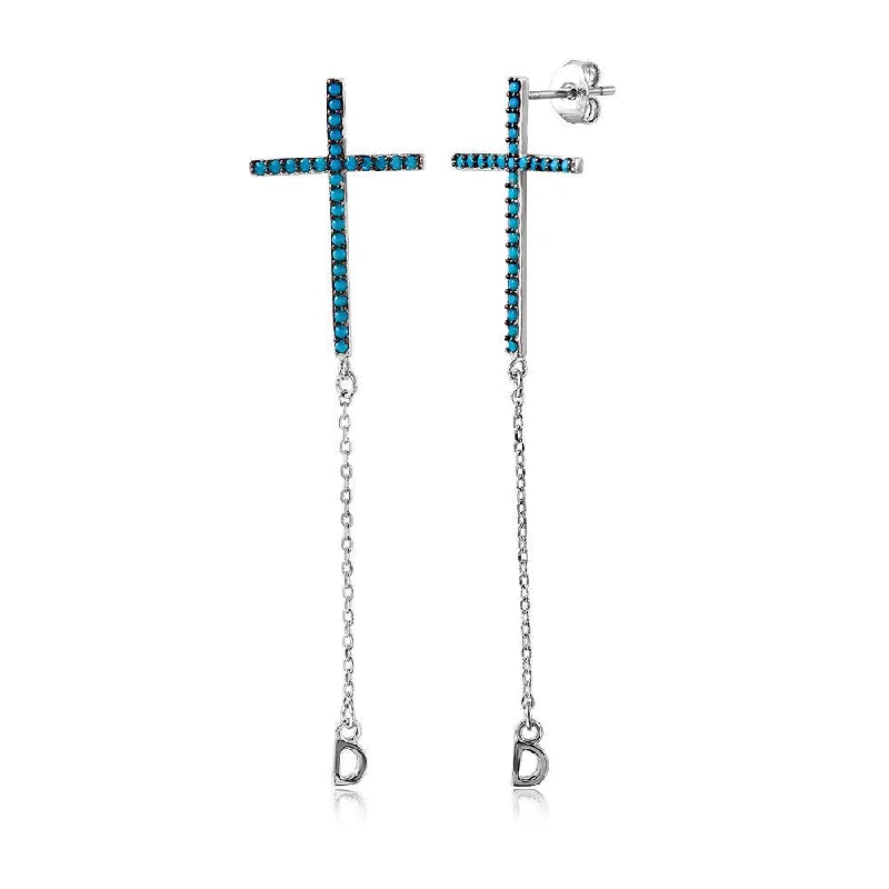 ladies earrings constellation diamond-Silver 925 Rhodium Cross Earrings Encrusted with Synthetic Turquoise - STE01046