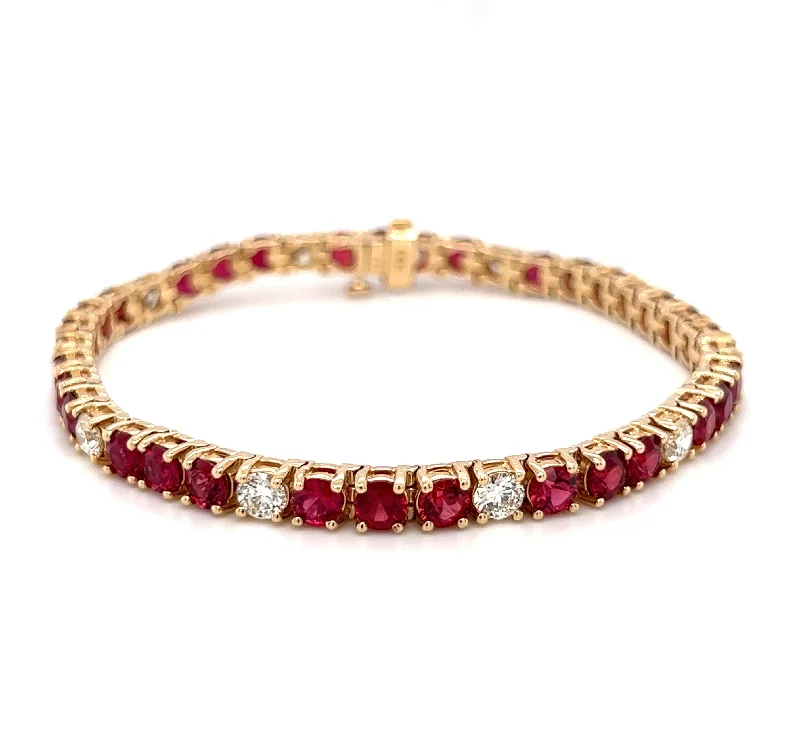 Ladies bracelets adjustable fit bracelets-14k Yellow Gold Ruby & Diamond Straight Line Bracelet