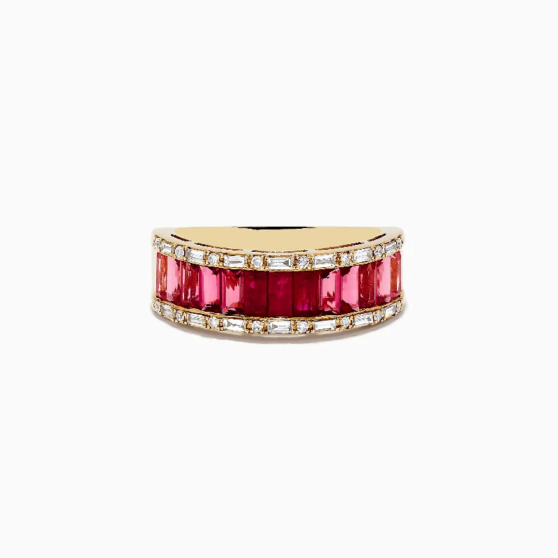 ladies ring multi-stone diamond-14k Yellow Gold Baguette Cut Ruby and Pink Tourmaline Band