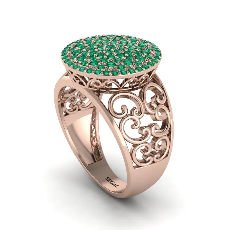 ladies engagement ring glossy round cut-Emerald Signet Filigree Pave Engagement Ring - Rylie No. 5