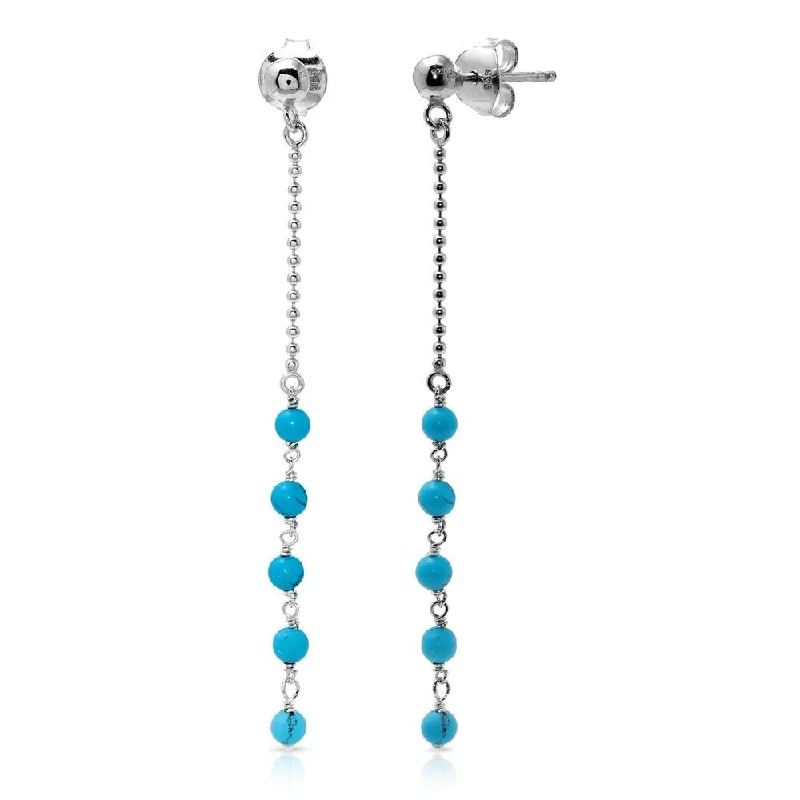 ladies earrings custom jacket-Rhodium Plated 925 Sterling Silver Bead Chain with Dropped Turquoise Bead Earrings - DIE00007RH