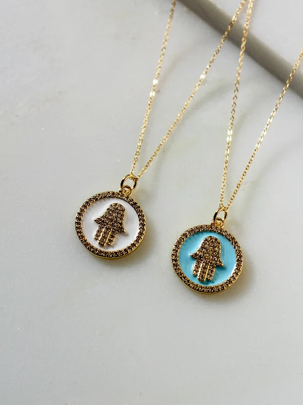 Ladies necklaces hammered craft looks-Enamel Hamsa Coin Necklace