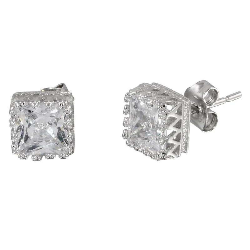 ladies earrings seasonal sleeper-Rhodium Plated 925 Sterling Silver Square Solitaire CZ Earrings - STE01088