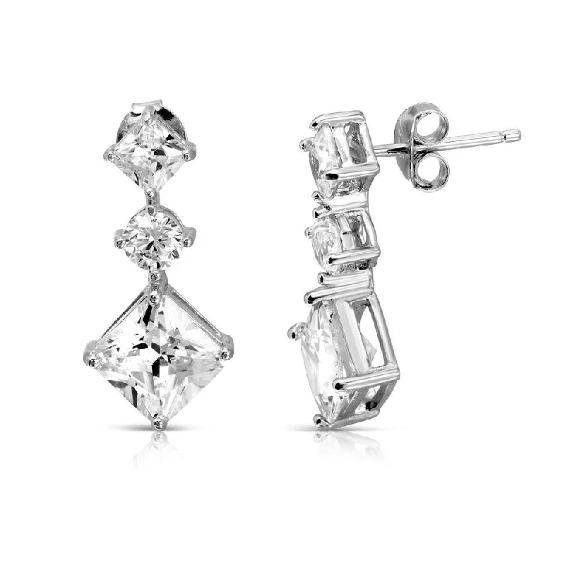 ladies earrings flower sapphire-Rhodium Plated 925 Sterling Silver Dropped Square and Round CZ Earrings - BGE00516