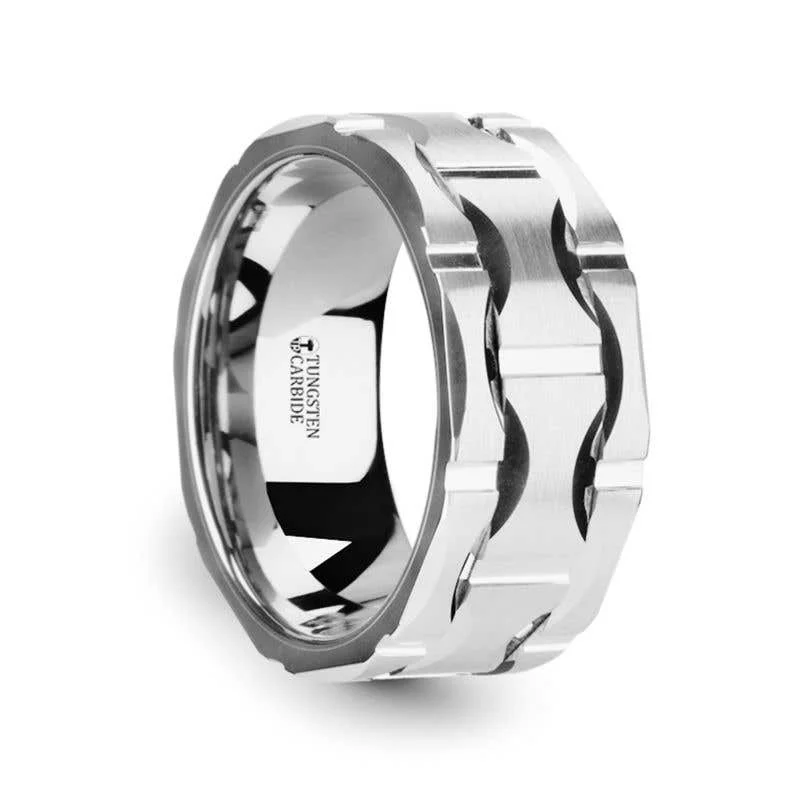 ladies ring designer three stone-Thorsten KANYE Tungsten Carbide Wedding Band with Moon Grooves and Brushed Finish - 10mm