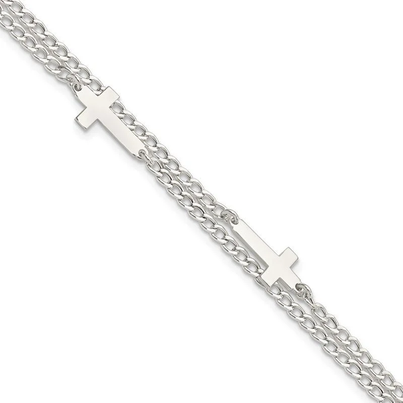 Ladies bracelets compact size styles-Sterling Silver Double Cross 2-Strand w/1in ext Bracelet