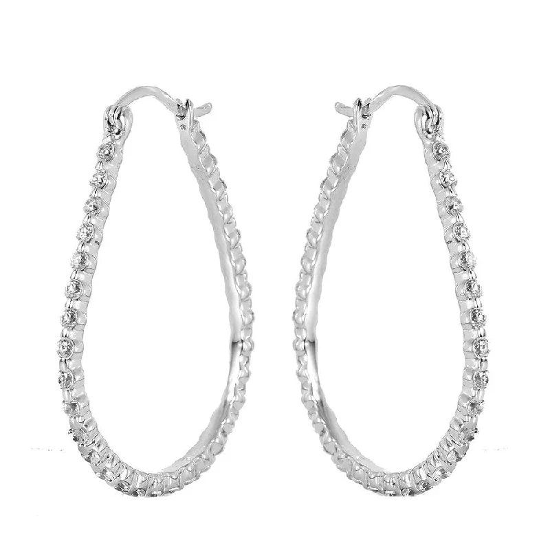 ladies earrings black friday pave-Silver 925 Rhodium Plated Open Drop Hoop Earrings - STE00308