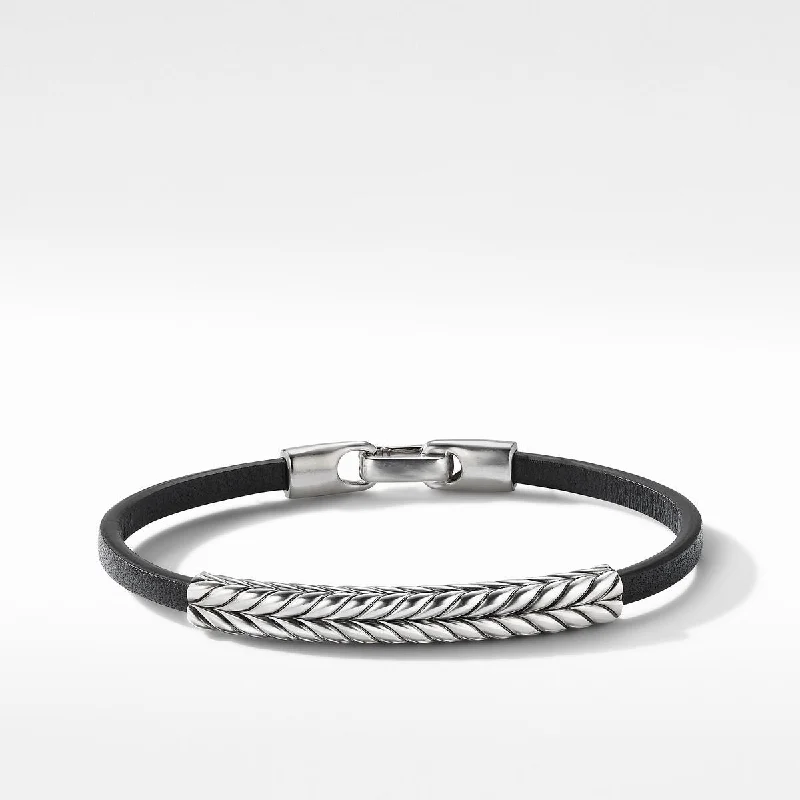 Ladies bracelets wear-resistant styles-Mens Chevron Black Leather ID Bracelet