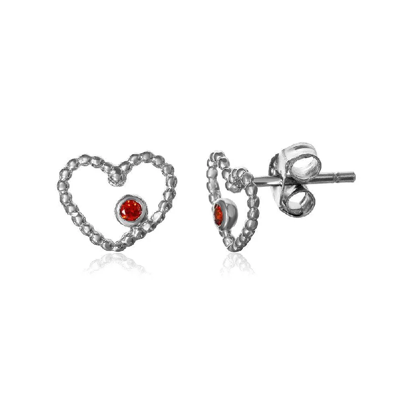 ladies earrings statement fringe-Silver 925 Rhodium Plated Open Heart with Red CZ Earrings - STE01062