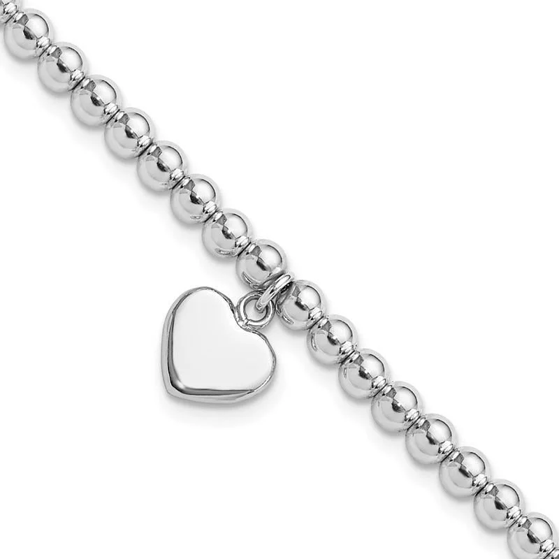 Ladies bracelets floral detail bracelets-Sterling Silver Rhodium-plated 4mm Beaded Dangle Heart 7.5in Bracelet