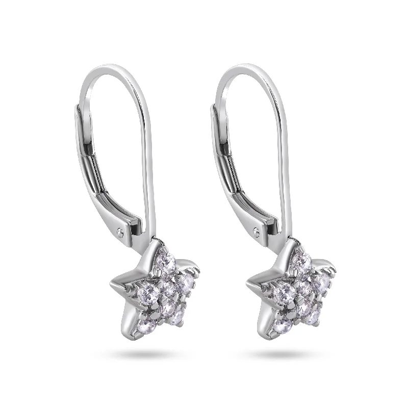 ladies earrings matte gold-Silver 925 Rhodium Plated Star CZ Hoop Earrings - STE00626