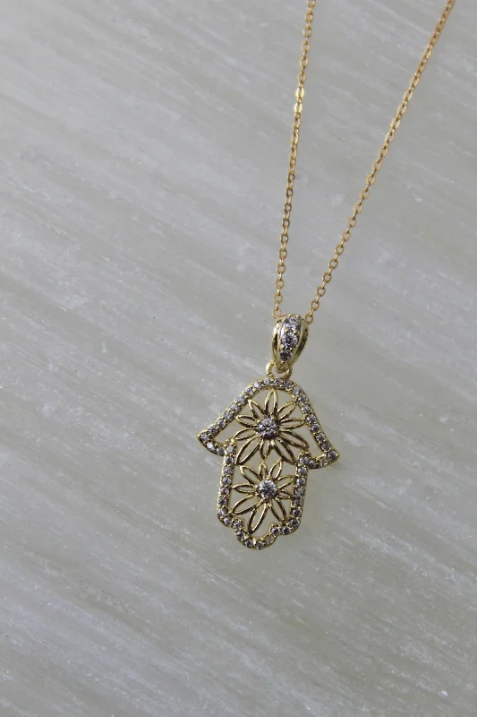 Ladies necklaces abstract form necklaces-Floral Hamsa Necklace