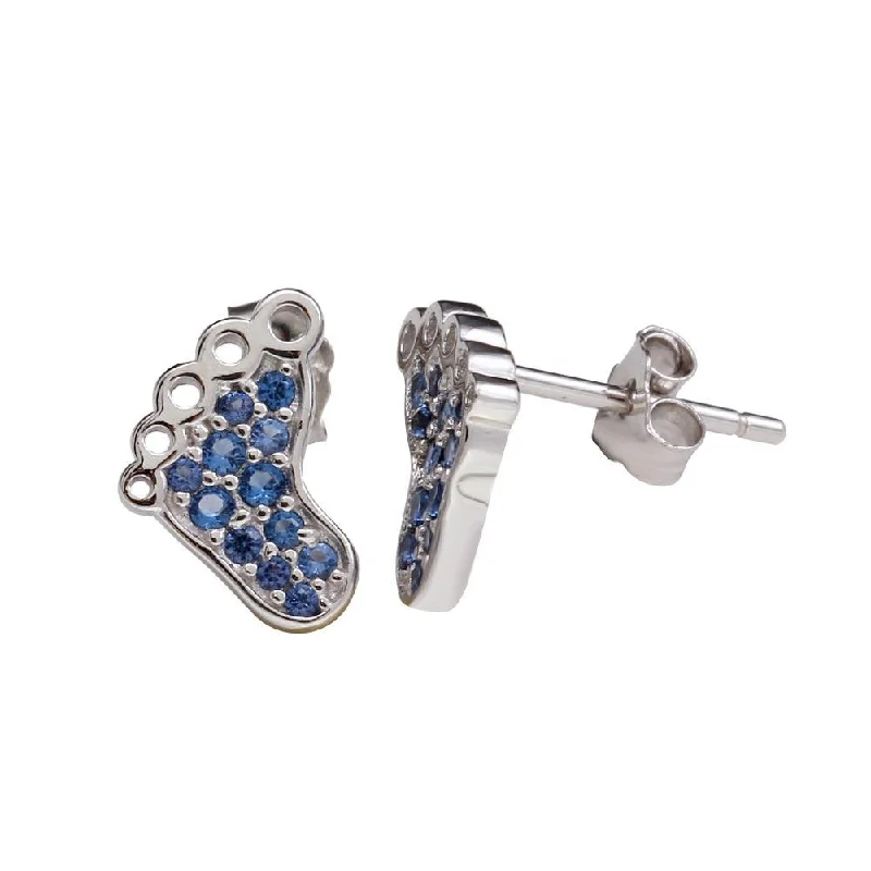 ladies earrings christmas blue sapphire-Rhodium Plated 925 Sterling Silver Foot Earrings with Blue CZ - STE01157BLUE